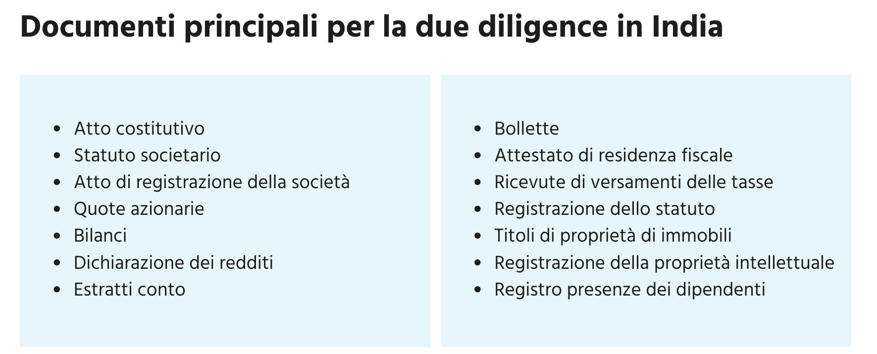 Elenco completo dei documenti da presentare per svolgere una due diligence in india